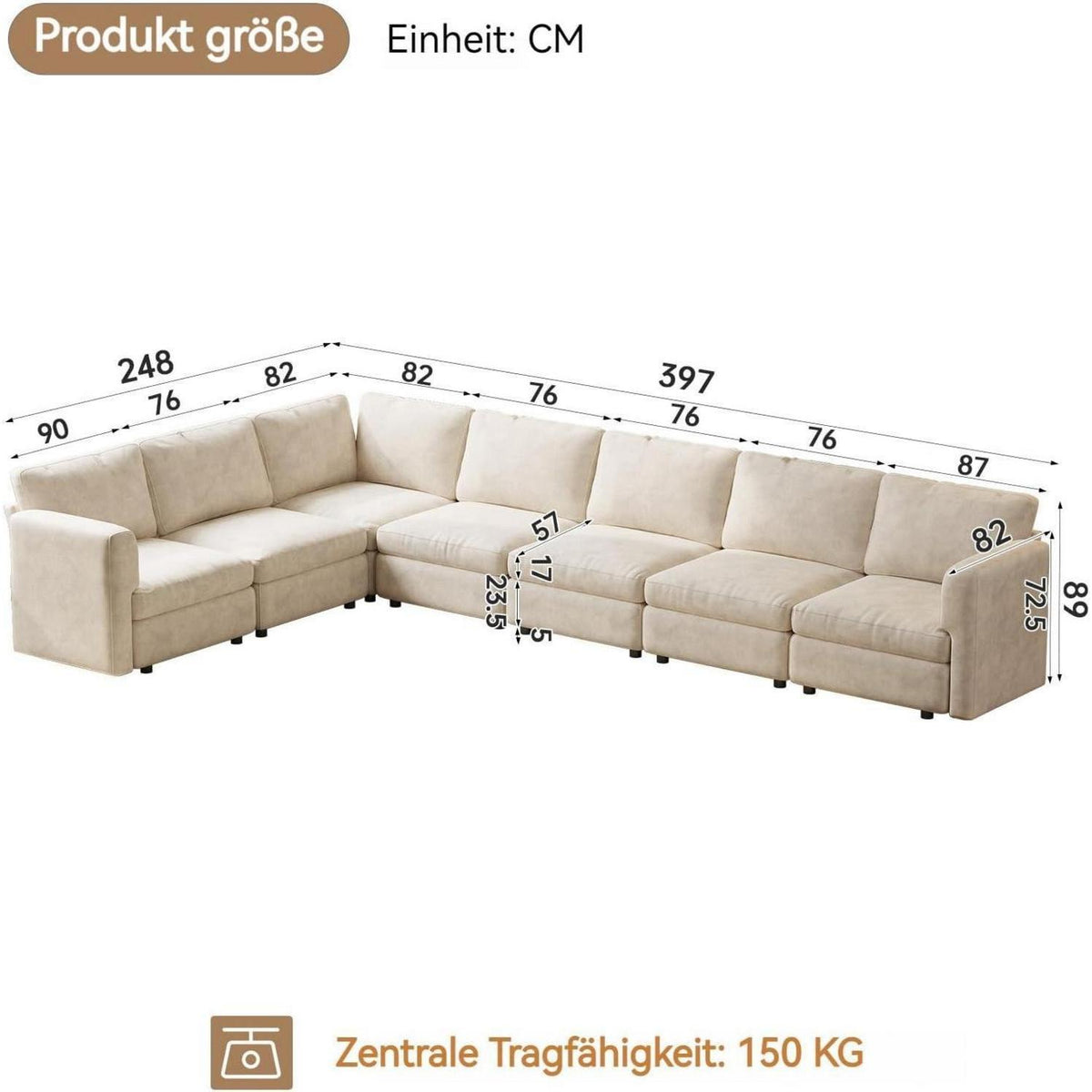 Ecksofa Stoff Modern 7-Sitzer mit Ottomane