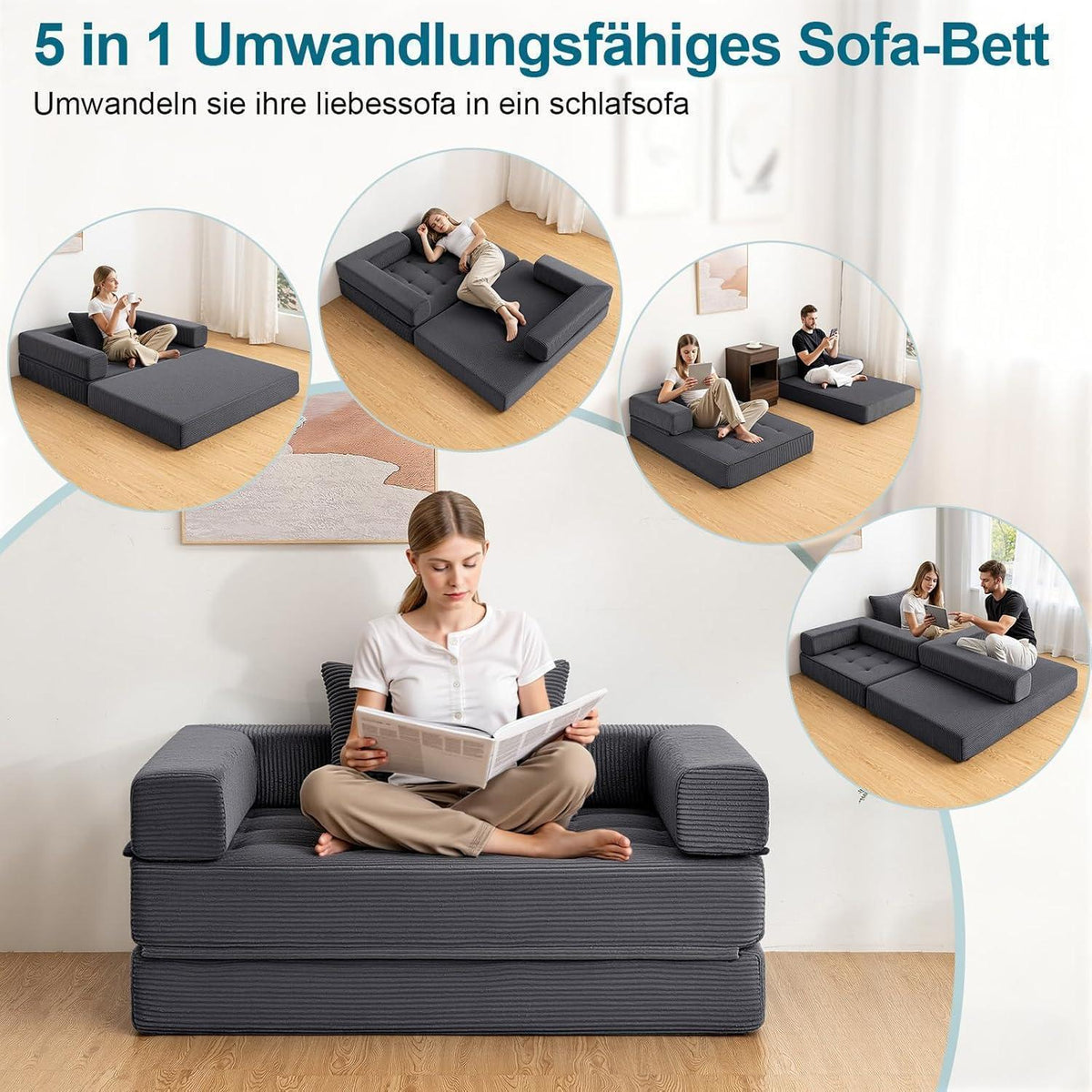 Faltbares Schlafsofa 5-in-1 – Schlafsessel & Gästebett Grau