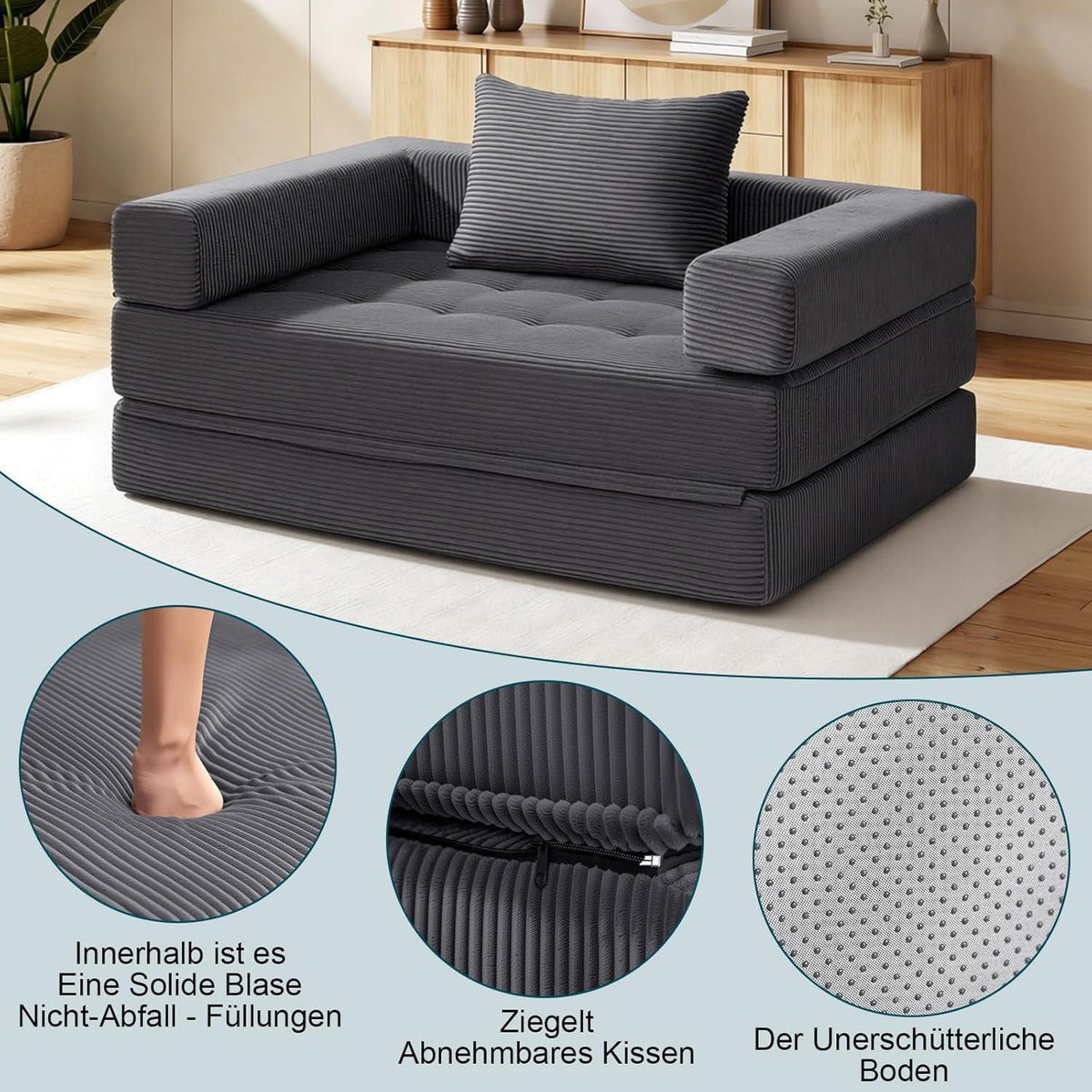 Faltbares Schlafsofa 5-in-1 – Schlafsessel & Gästebett Grau
