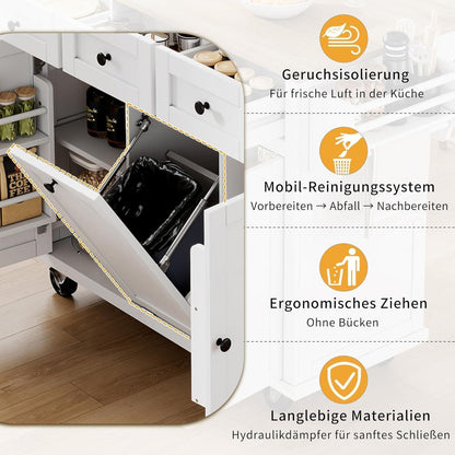 Mobile Kücheninsel weiß mit Ausziehtisch & Abfallbehälter