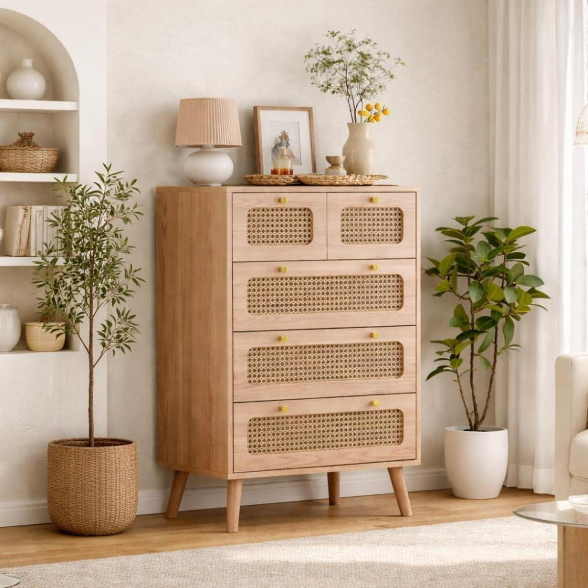 Kommode 5 Schubladen Holz Rattan Boho Sideboard mit Anti-Kipp-Sicherung