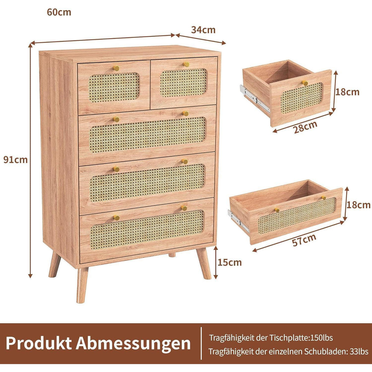 Kommode 5 Schubladen Holz Rattan Boho Sideboard mit Anti-Kipp-Sicherung