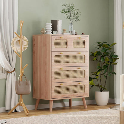 Kommode 5 Schubladen Holz Rattan Boho Sideboard mit Anti-Kipp-Sicherung