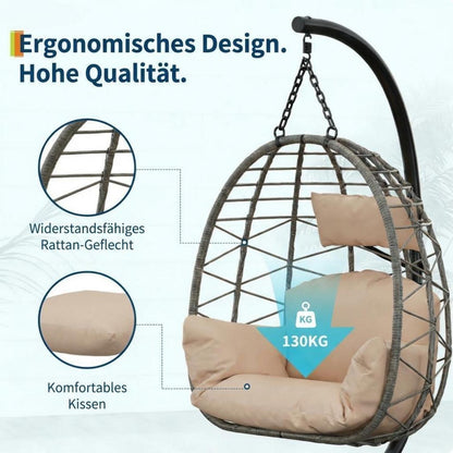 Rattan Hängesessel mit Gestell – Klappbar & Wetterfest – Grau/Beige