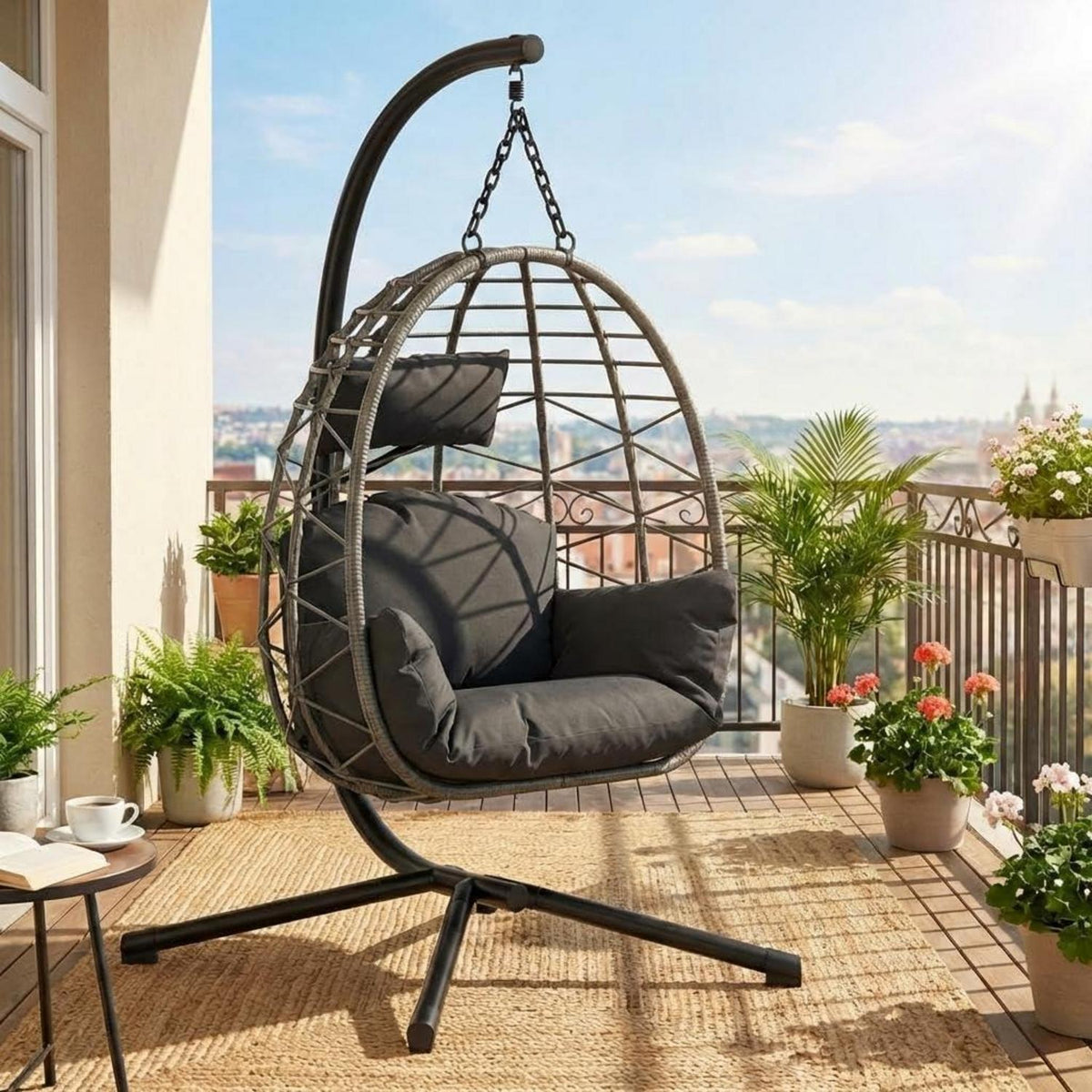 Rattan Hängesessel mit Gestell – Klappbar & Wetterfest – Grau