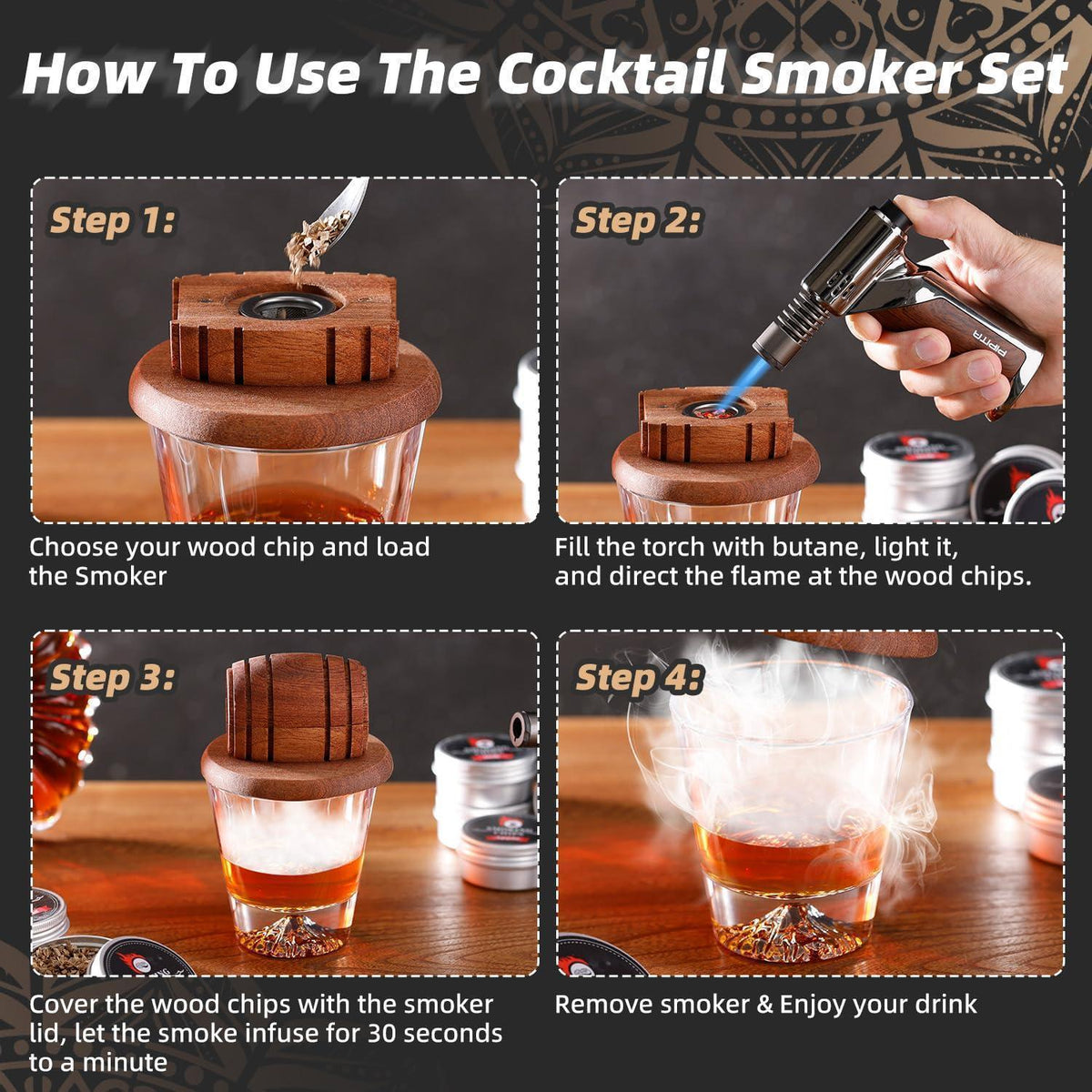 Cocktail Räucher Set mit Fackel & 8 Räucherholz-Aromen