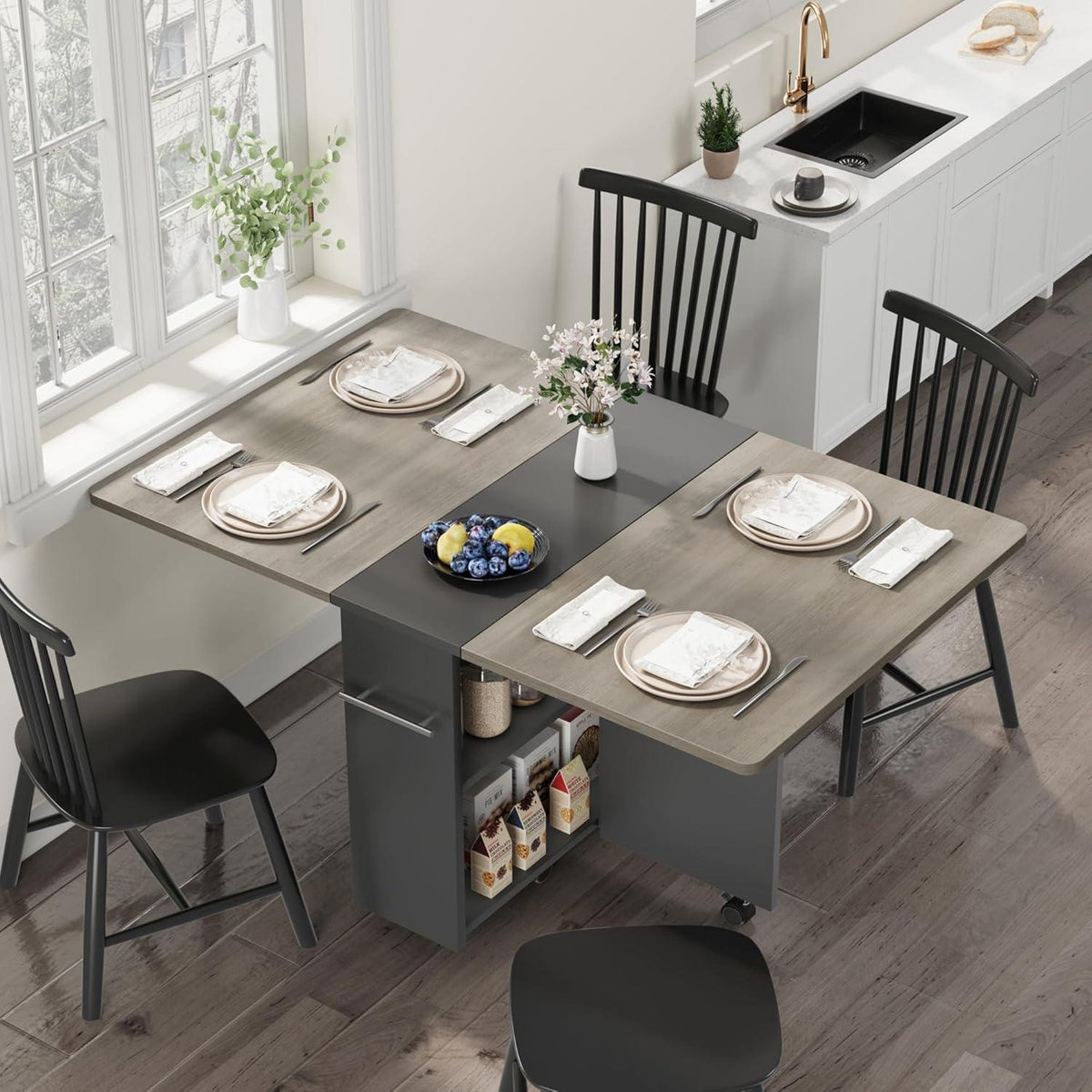 Klappbarer Esstisch mit Stauraum & Rollen – Grau 120x60cm