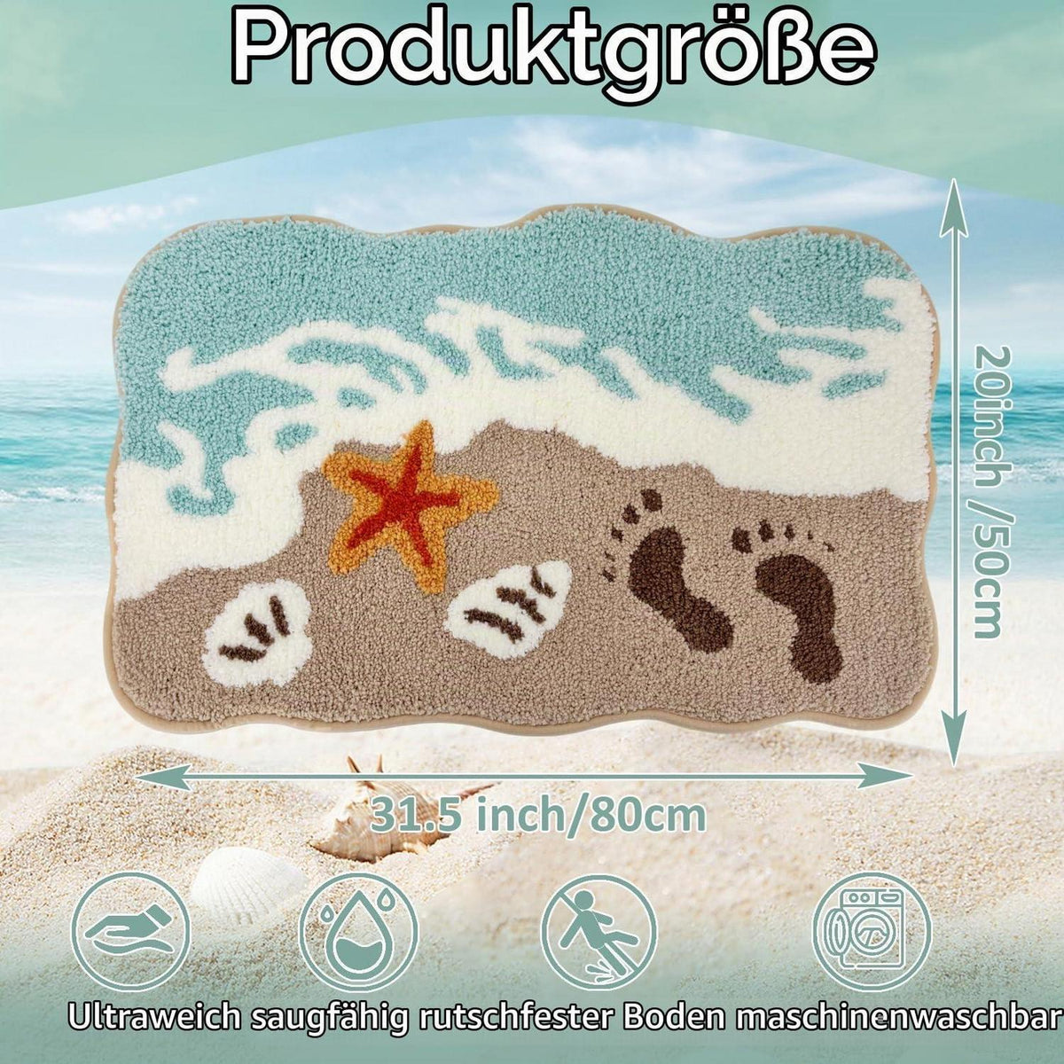 Strand Badteppich 50x80 cm - Rutschfest & Weich mit Seestern