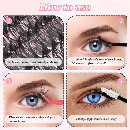 Wimpern Extensions Set – 300 Cluster Mix für Voluminiösen Look