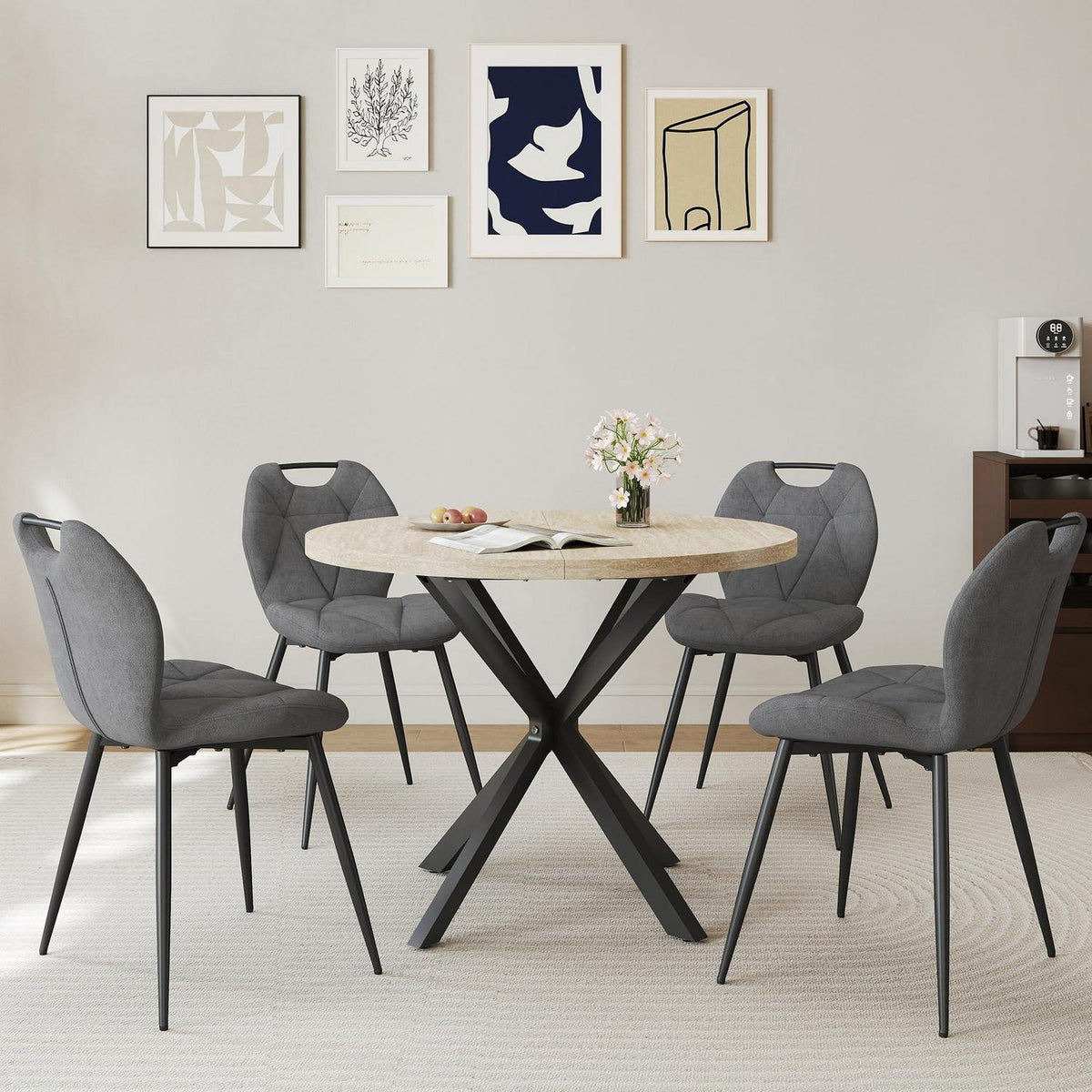 Runder Esstisch Set mit 4 Polsterstühlen im Nordic Stil
