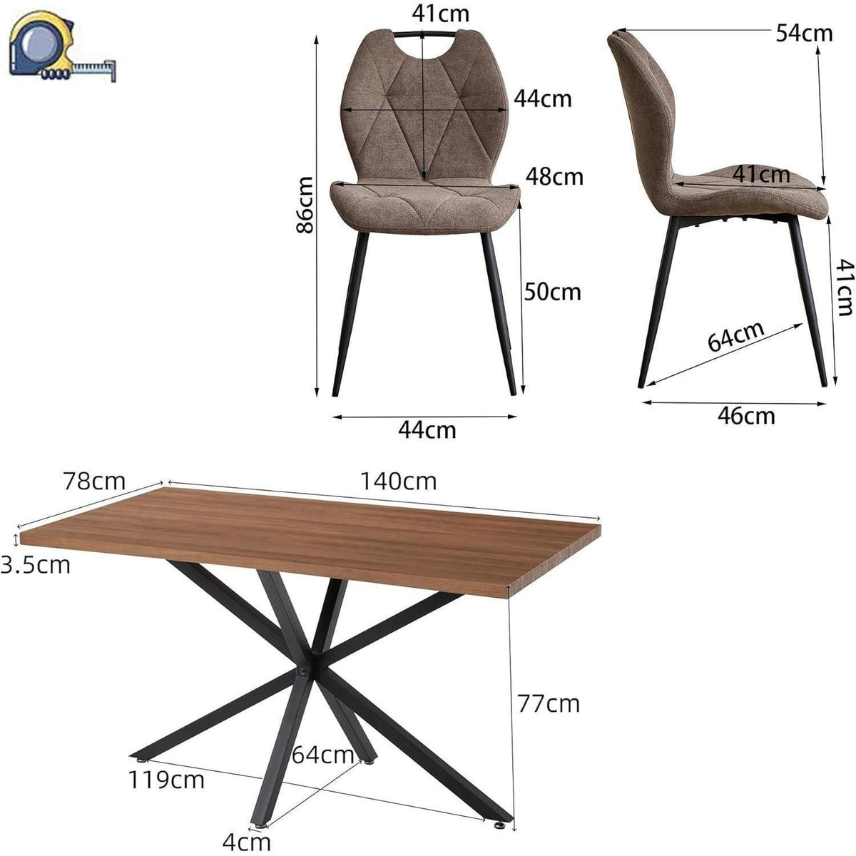 5-teiliges Esszimmer-Set: 140cm Tisch + 4 gepolsterte Stühle