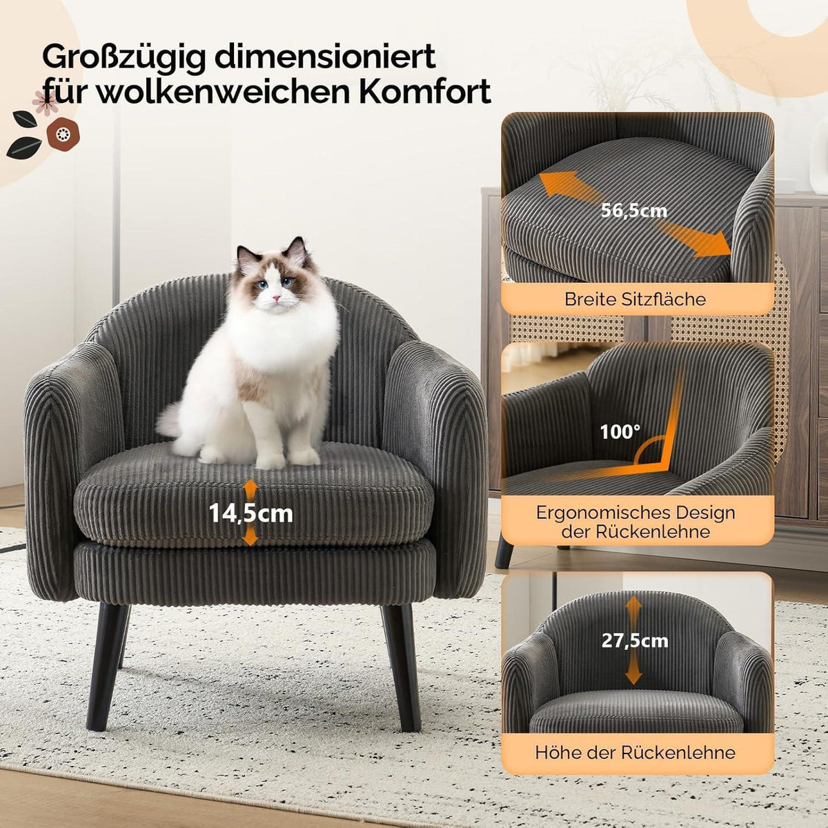 Gepolsterter Cord-Sessel Dunkelgrau – Modern & Bequem
