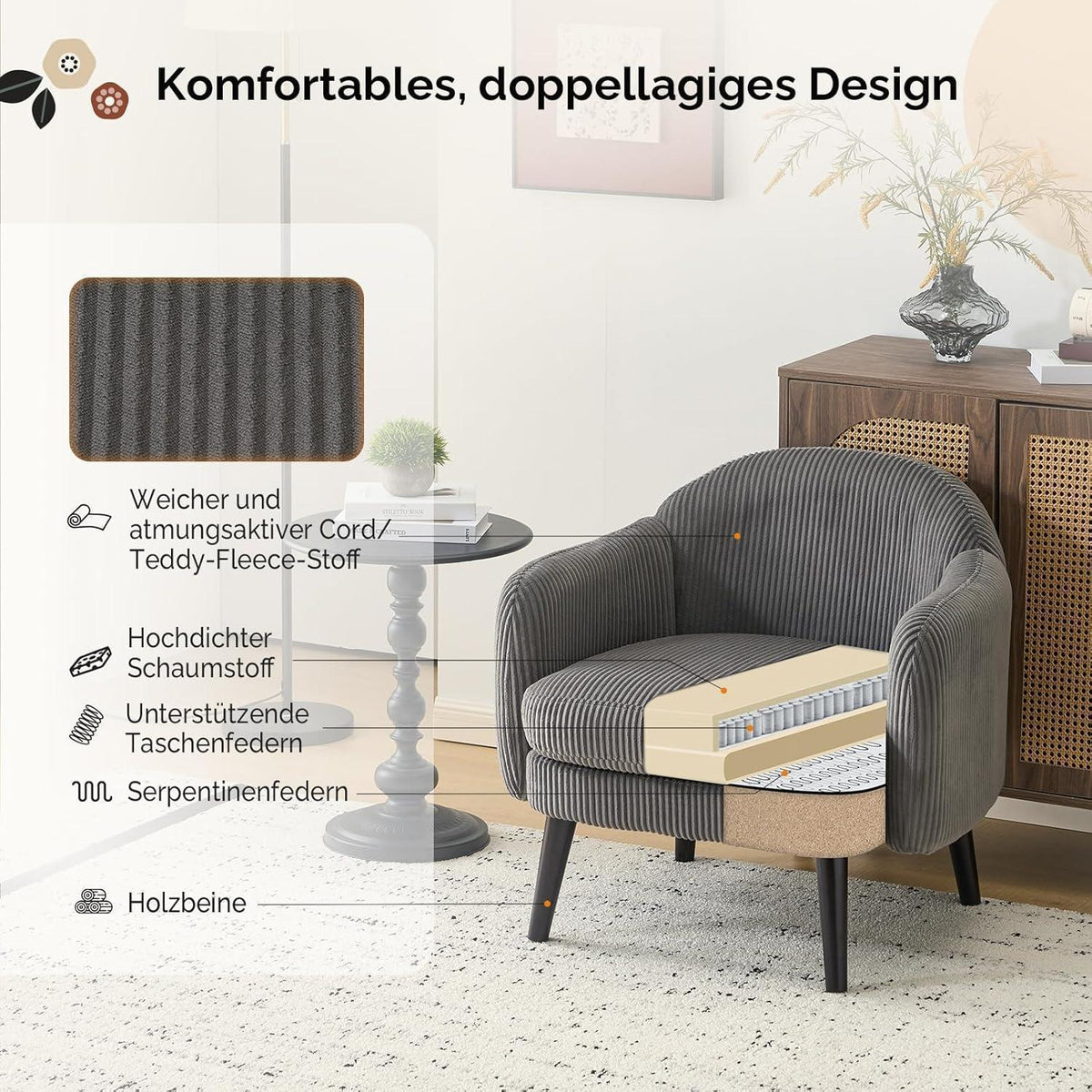 Gepolsterter Cord-Sessel Dunkelgrau – Modern & Bequem