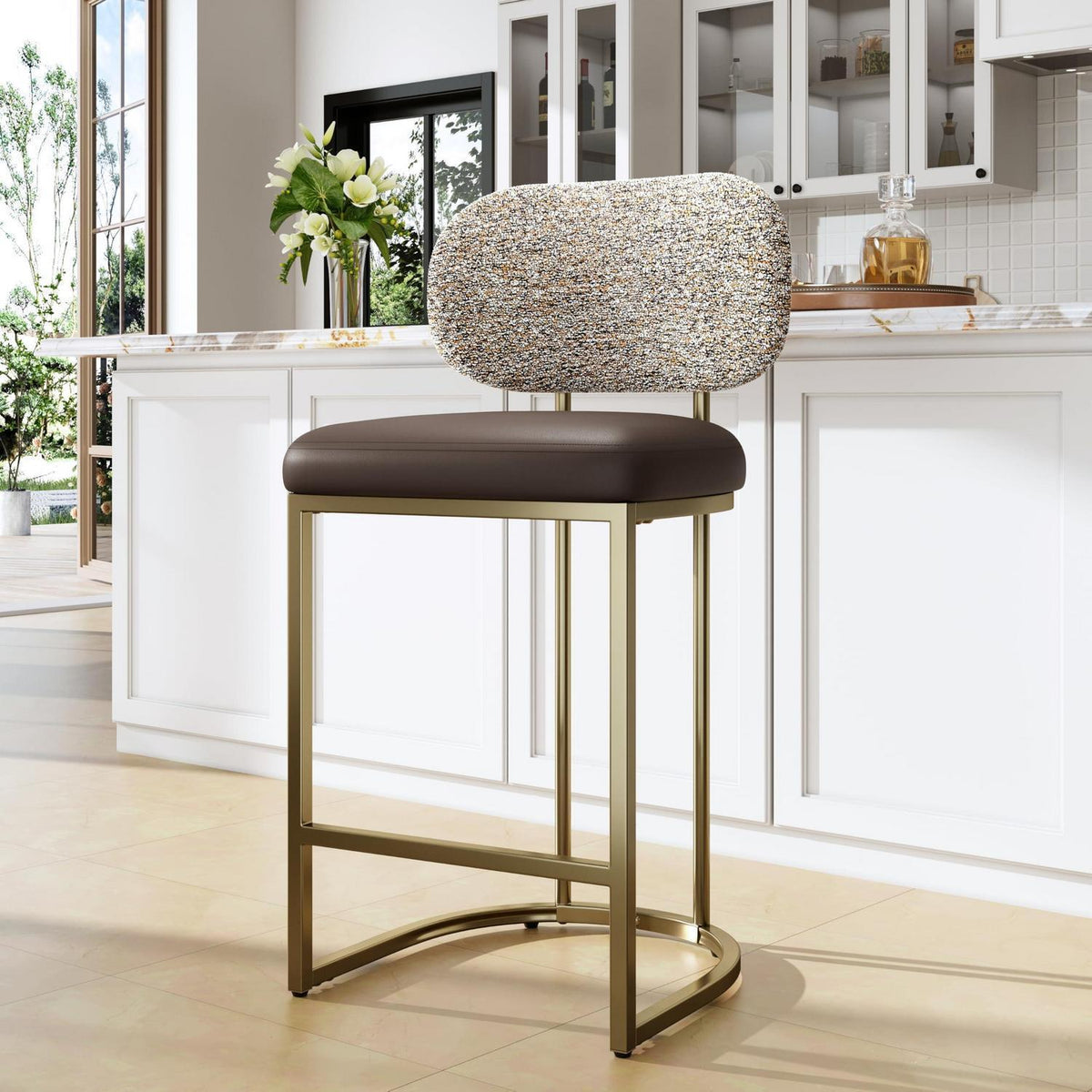Barhocker mit Lehne & Fußstütze – Metallgestell, Kaffeefarbe