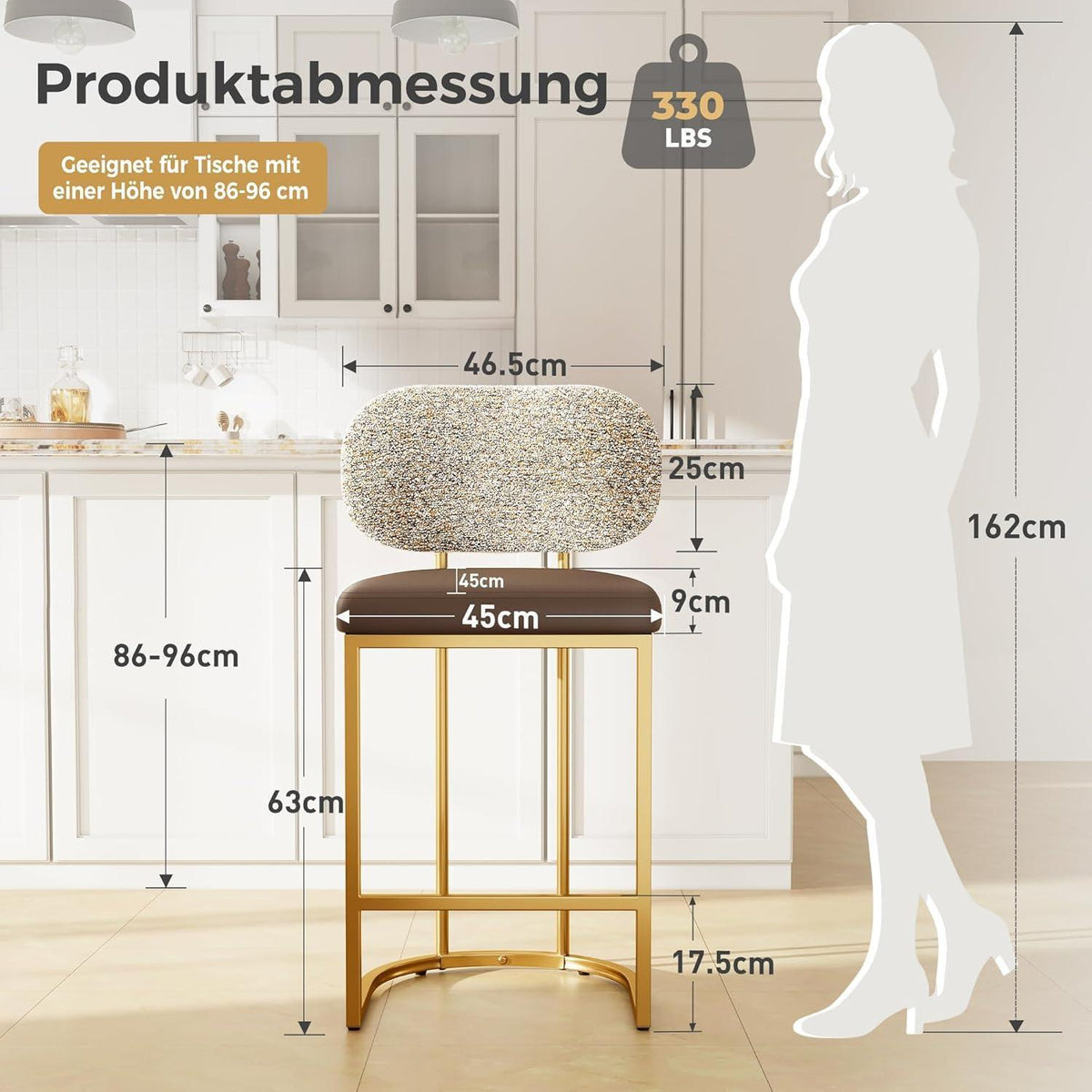 Barhocker mit Lehne & Fußstütze – Metallgestell, Kaffeefarbe