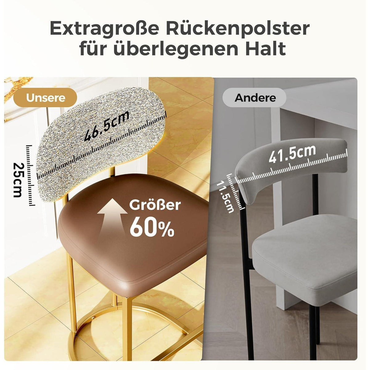 Barhocker mit Lehne & Fußstütze – Metallgestell, Kaffeefarbe