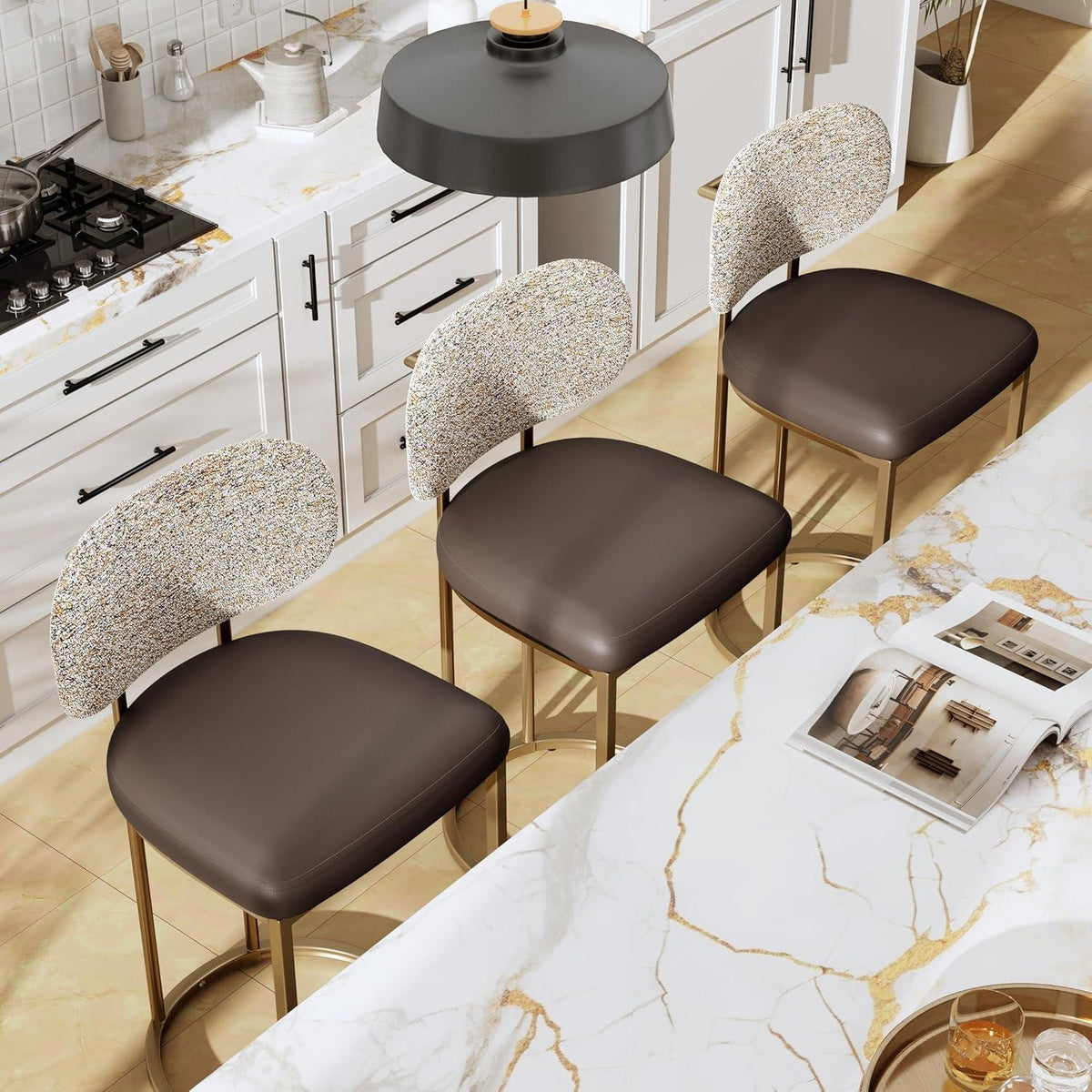 Barhocker mit Lehne & Fußstütze – Metallgestell, Kaffeefarbe