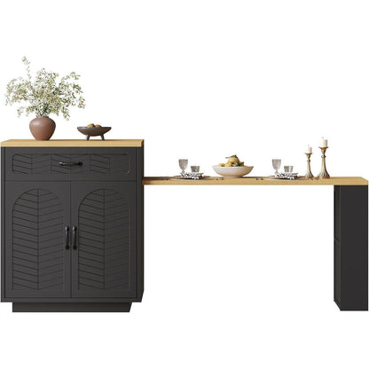Kücheninsel mit Ausziehtisch, 2 Schubladen & 4 Türen (Schwarz/Holz)