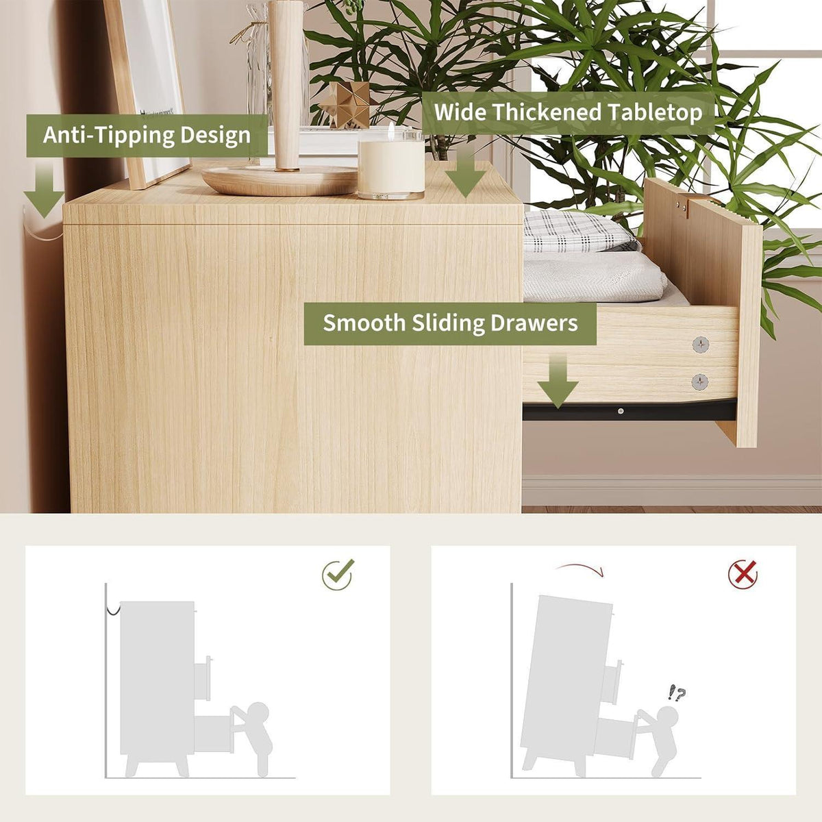 Kommode 3 Schubladen Eiche Natur | Schlafzimmer Sideboard 80x40 cm