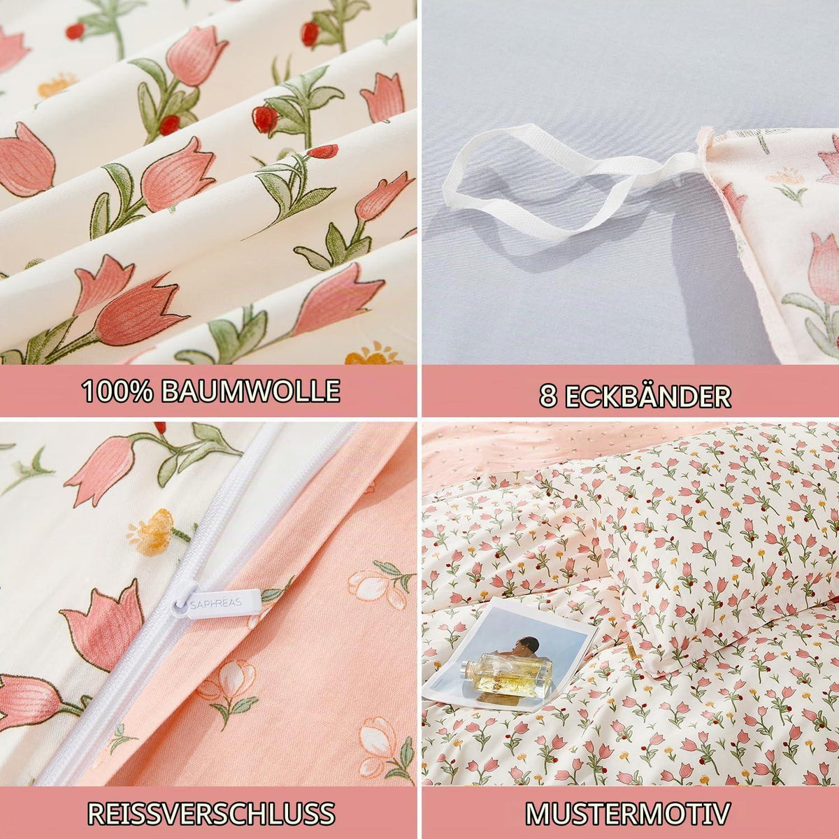 Bettwäsche-Set Rosa Blumen 200x220 cm Baumwolle 3-teilig