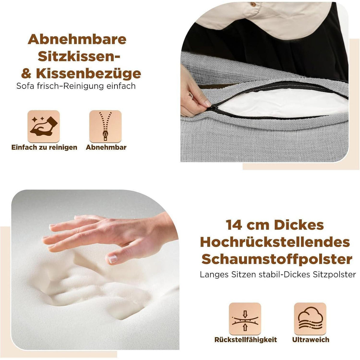 2-Sitzer Sofa Modern, Abnehmbar & Platzsparend (Hellgrau)