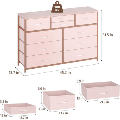 Kommode mit 10 Schubladen – Rosa Stoffaufbewahrung für Schlafzimmer
