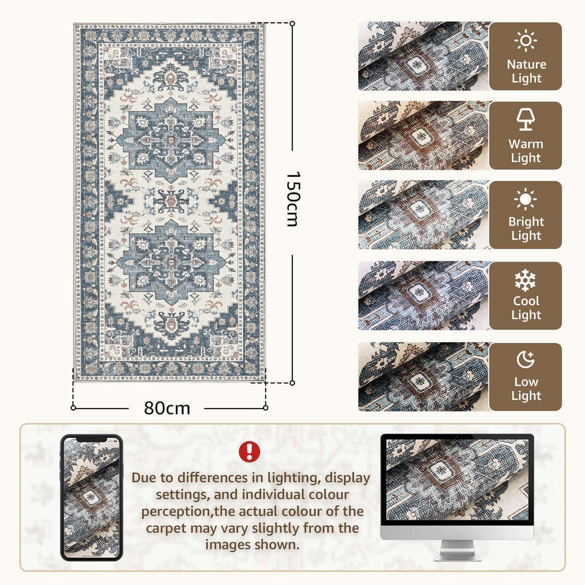 Vintage Küchenläufer 80x150 Blau – Waschbarer Teppich für Küche & Flur