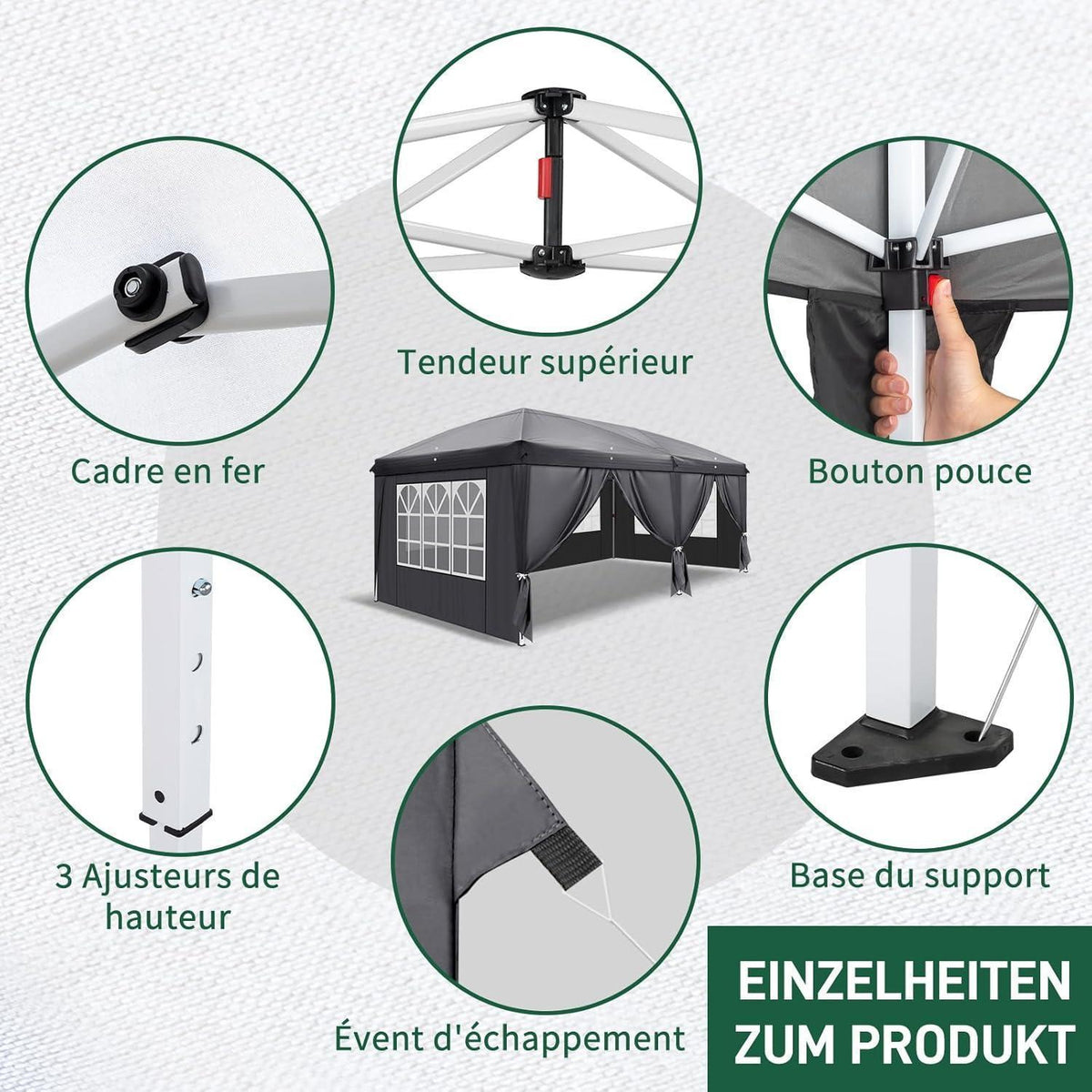 3x6m Faltpavillon mit 6 Seitenteilen – UV-Schutz & Höhenverstellbar
