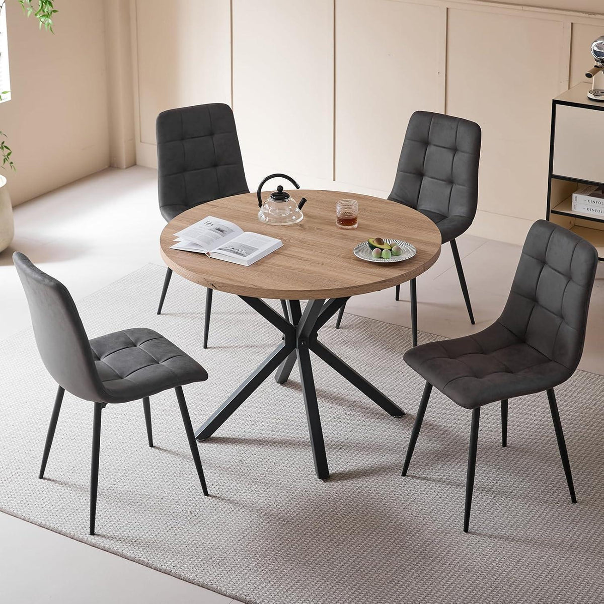 Moderner Esstisch Set 100cm rund + 4 Stühle Lederoptik