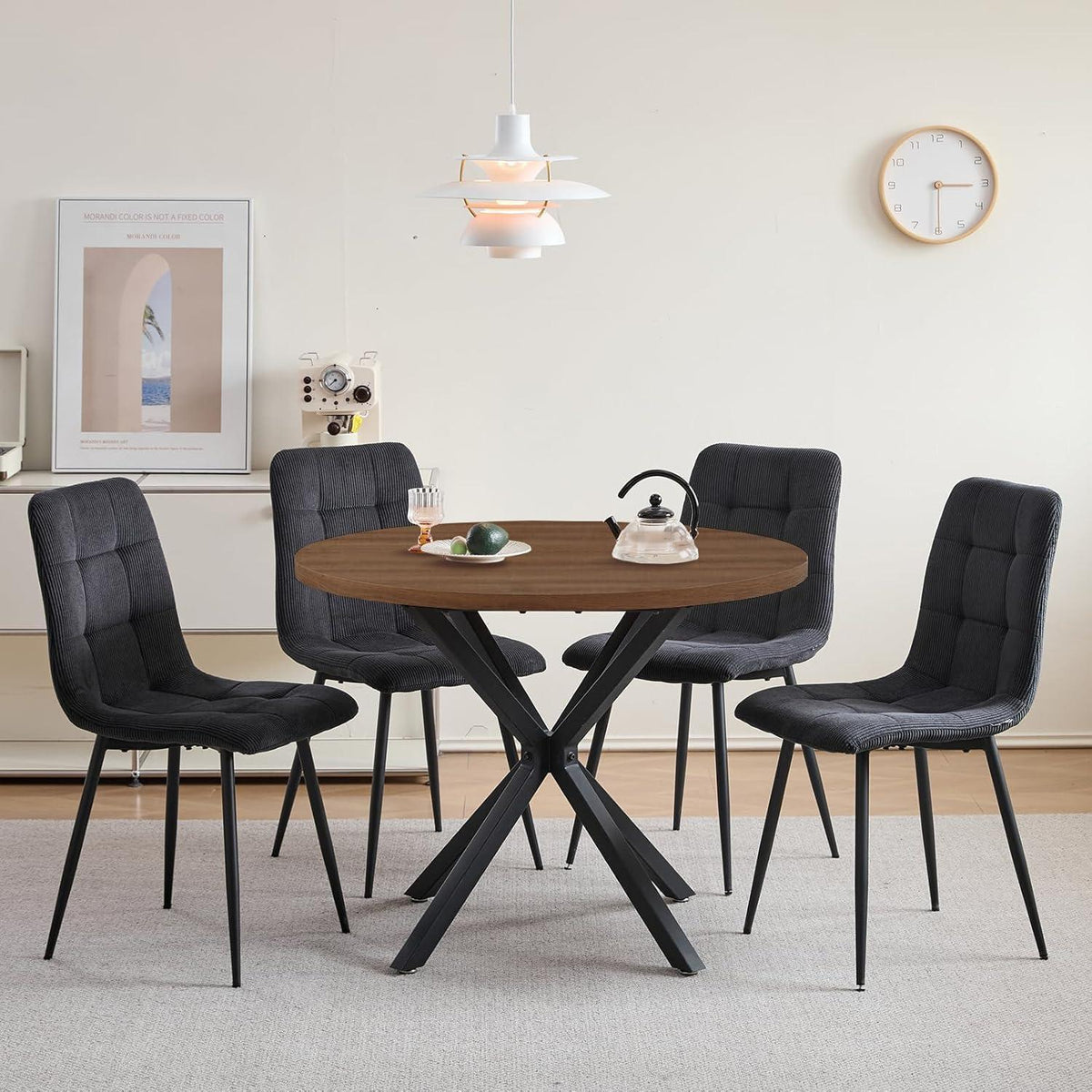 Moderner Esstisch Set 100cm rund + 4 Cord Stühle