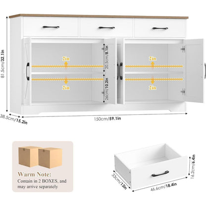 Sideboard 150cm – Weißes Küchenbuffet mit Arbeitsplatte & Schubladen