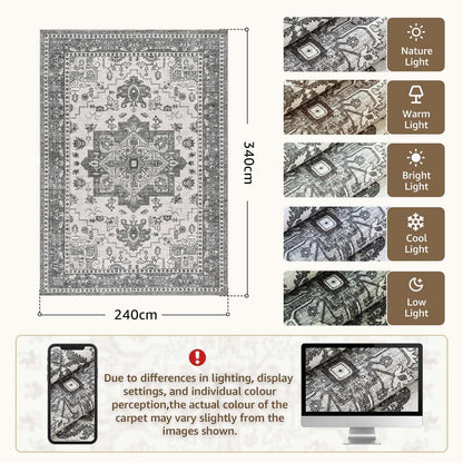 Vintage Kurzflor Teppich Grau 240x340 cm – Waschbar & Faltbar