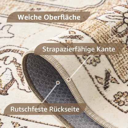 Vintage Kurzflor Teppich 200x280 Beige – Waschbar & Faltbar
