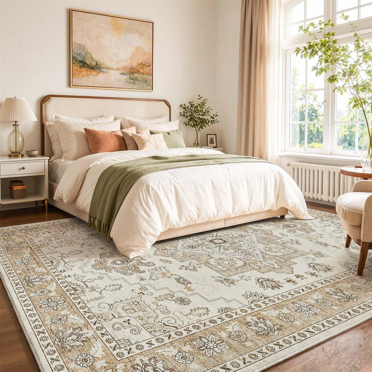 Vintage Kurzflor Teppich 240x340 cm Beige – Waschbar & Faltbar