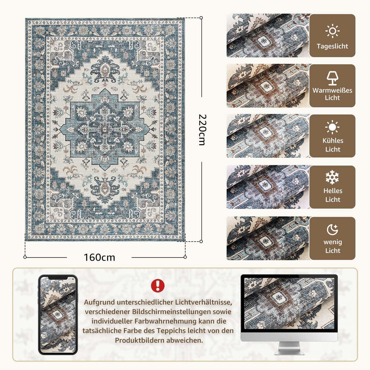 Vintage Kurzflor Teppich Blau 160x220 cm – Waschbar & Faltbar