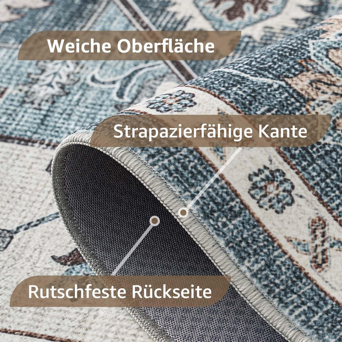 Vintage Kurzflor Teppich Blau 240x340 cm – Waschbar & Faltbar
