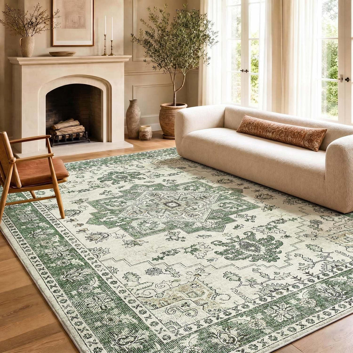 Vintage Kurzflor Teppich Grün 200x280 cm – Waschbar & Faltbar