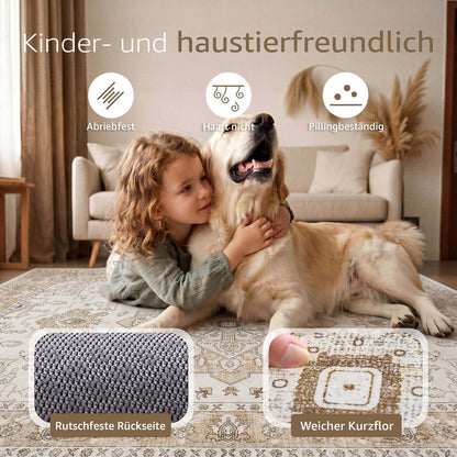 Vintage Kurzflor Teppich 160x220 Beige – Waschbar & Faltbar