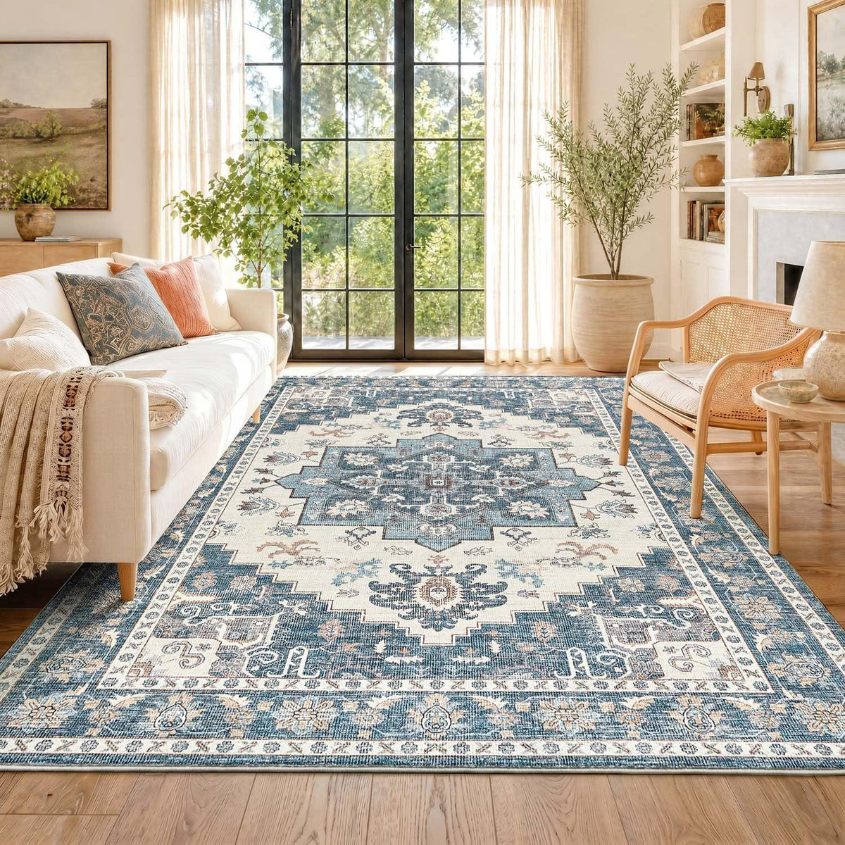 Vintage Kurzflor Teppich Blau 200x280 cm – Waschbar & Faltbar