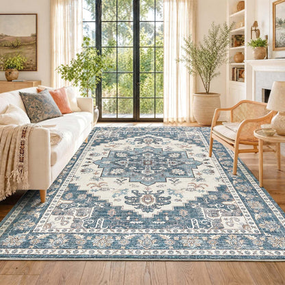 Vintage Kurzflor Teppich Blau 200x280 cm – Waschbar & Faltbar