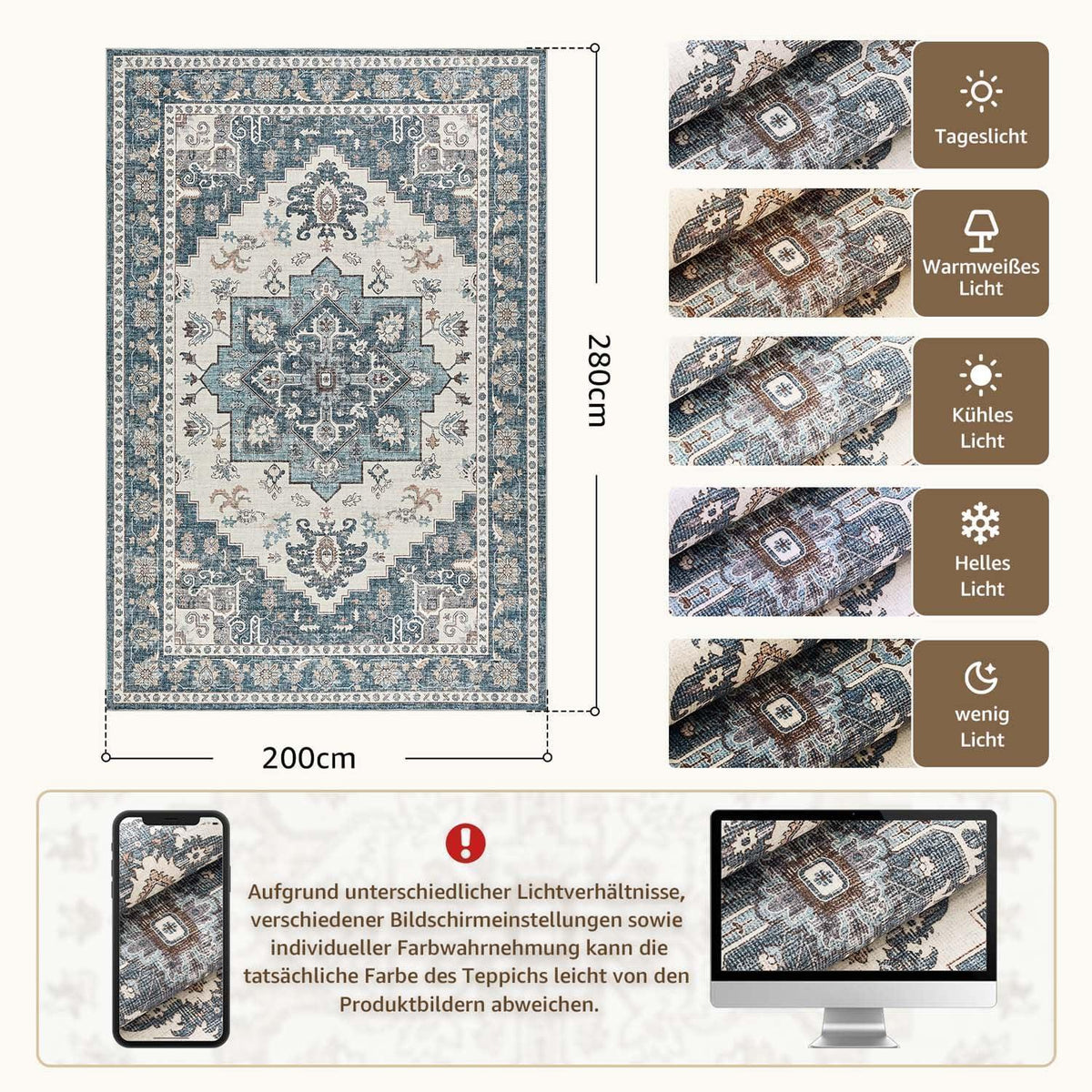 Vintage Kurzflor Teppich Blau 200x280 cm – Waschbar & Faltbar