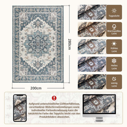Vintage Kurzflor Teppich Blau 200x280 cm – Waschbar & Faltbar