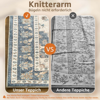 Vintage Kurzflor Teppich Blau 200x280 cm – Waschbar & Faltbar