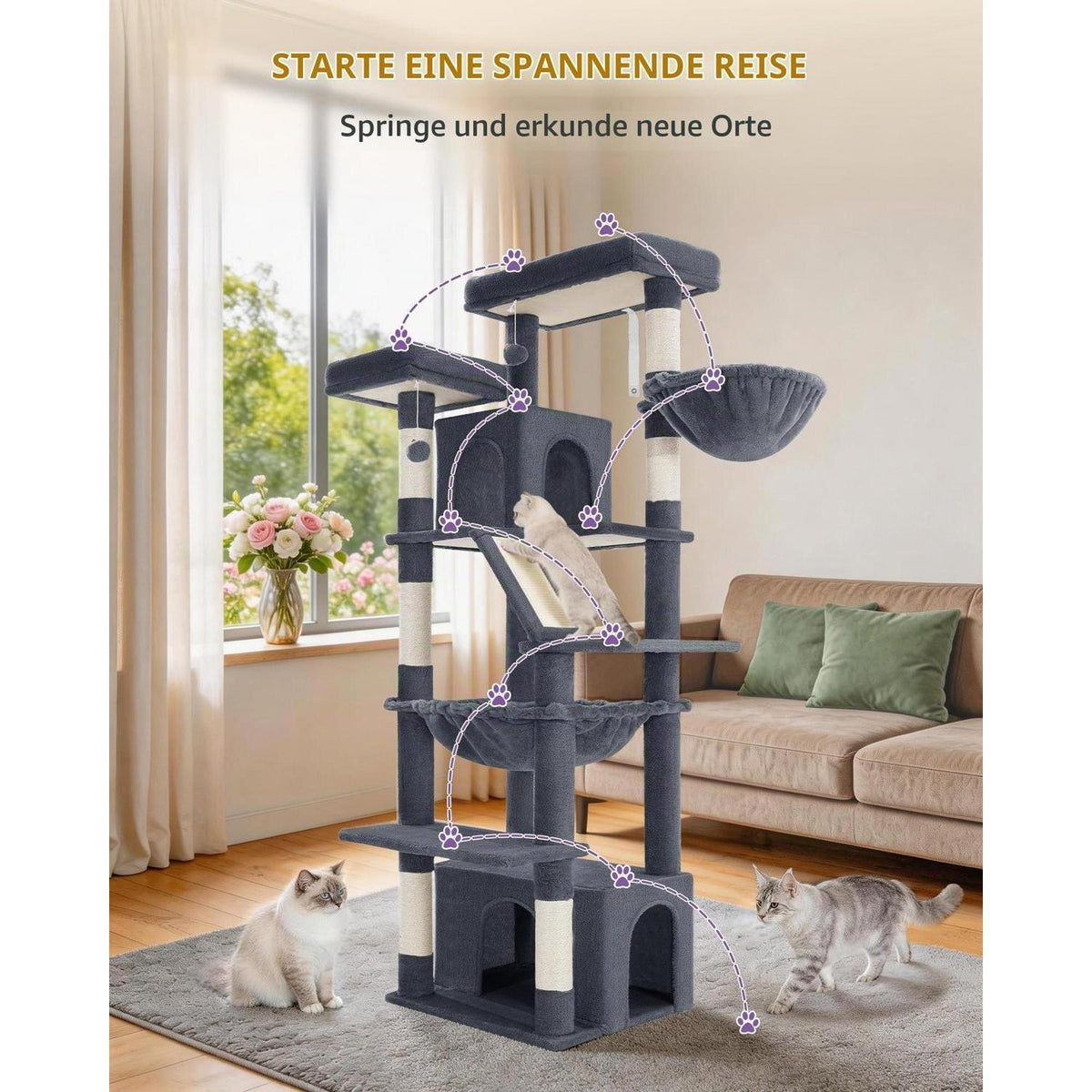 Großer Kratzbaum 183cm mit Korb & Hängematte für Katzen