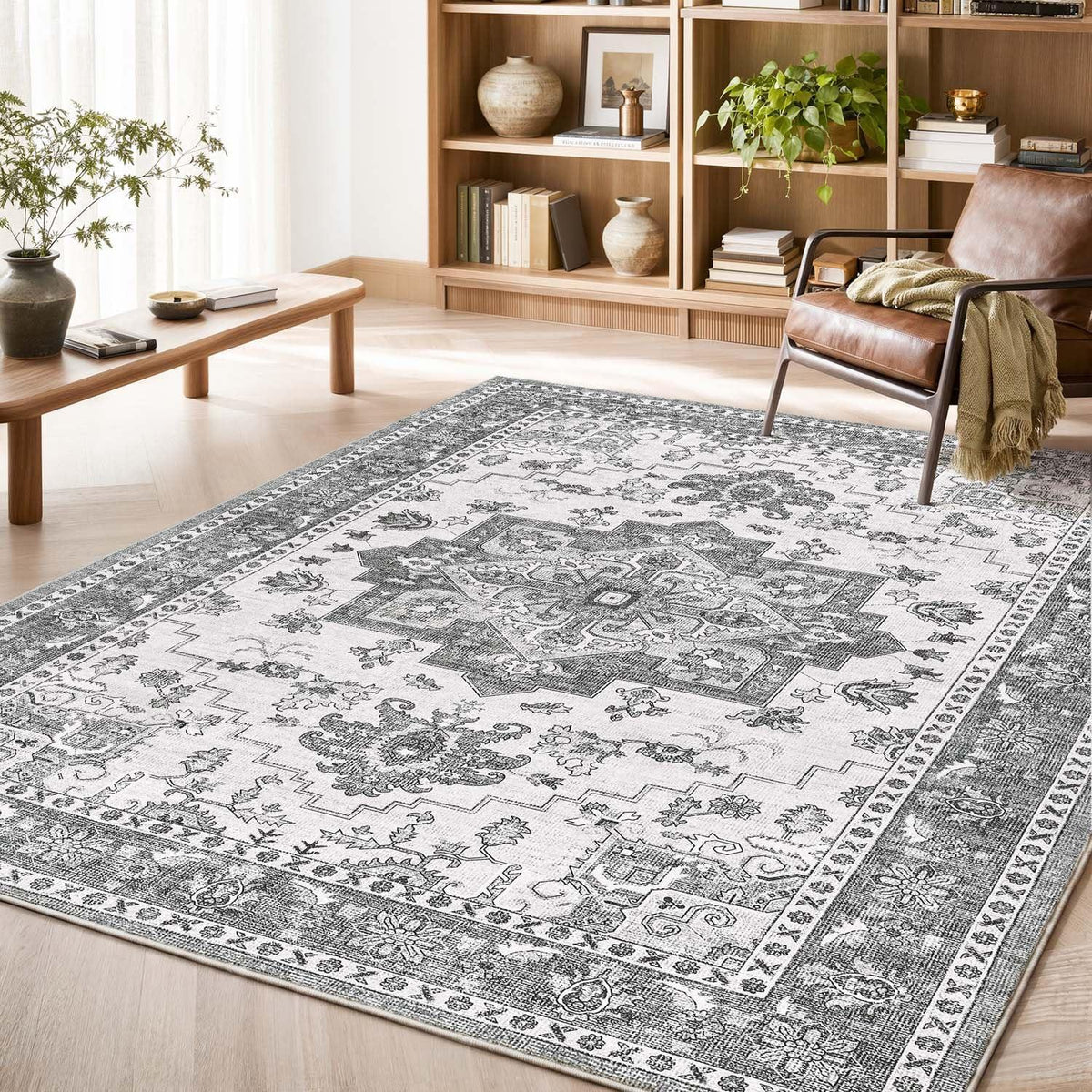 Vintage Kurzflor Teppich Grau 160x220 cm – Waschbar & Faltbar