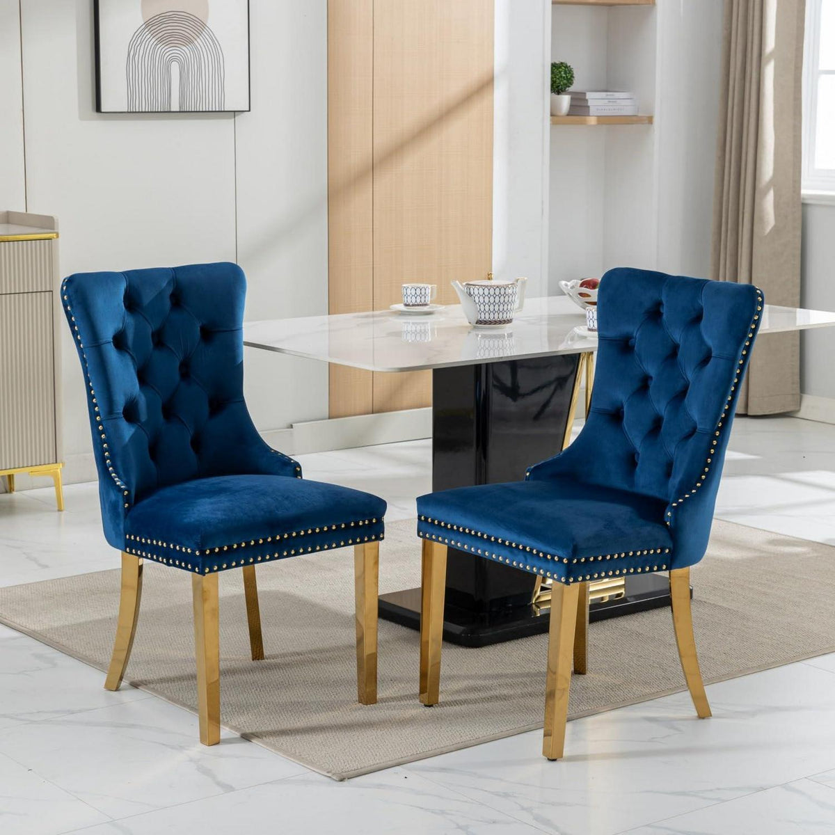 Esszimmerstuhl Set 2er – Samt, Blau & Gold, Hohe Rückenlehne