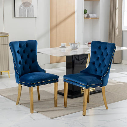 Esszimmerstuhl Set 2er – Samt, Blau & Gold, Hohe Rückenlehne