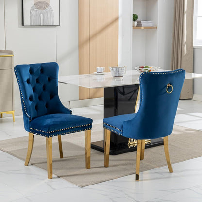 Esszimmerstuhl Set 2er – Samt, Blau & Gold, Hohe Rückenlehne