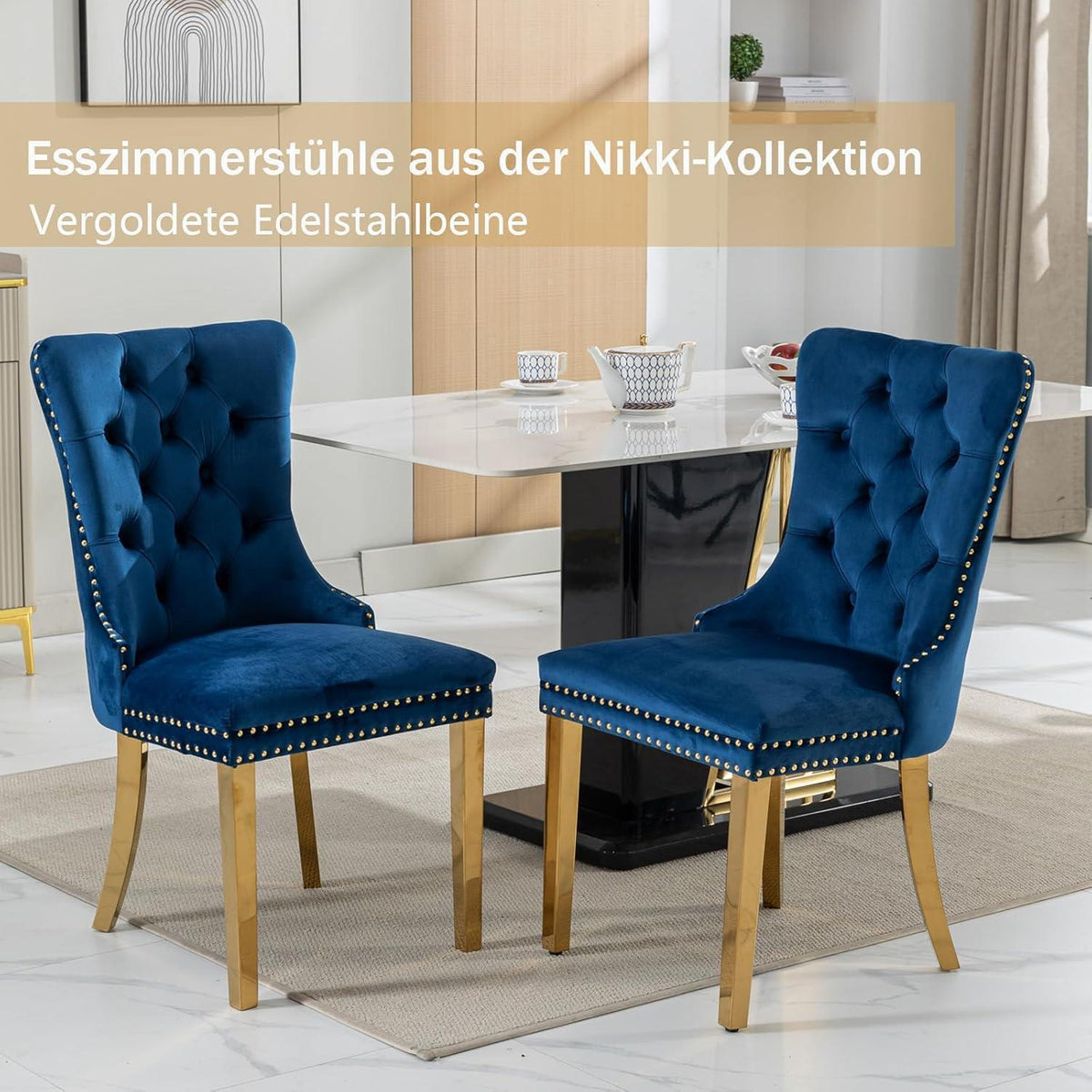 Samt Esszimmerstühle 4er Set mit goldenen Beinen
