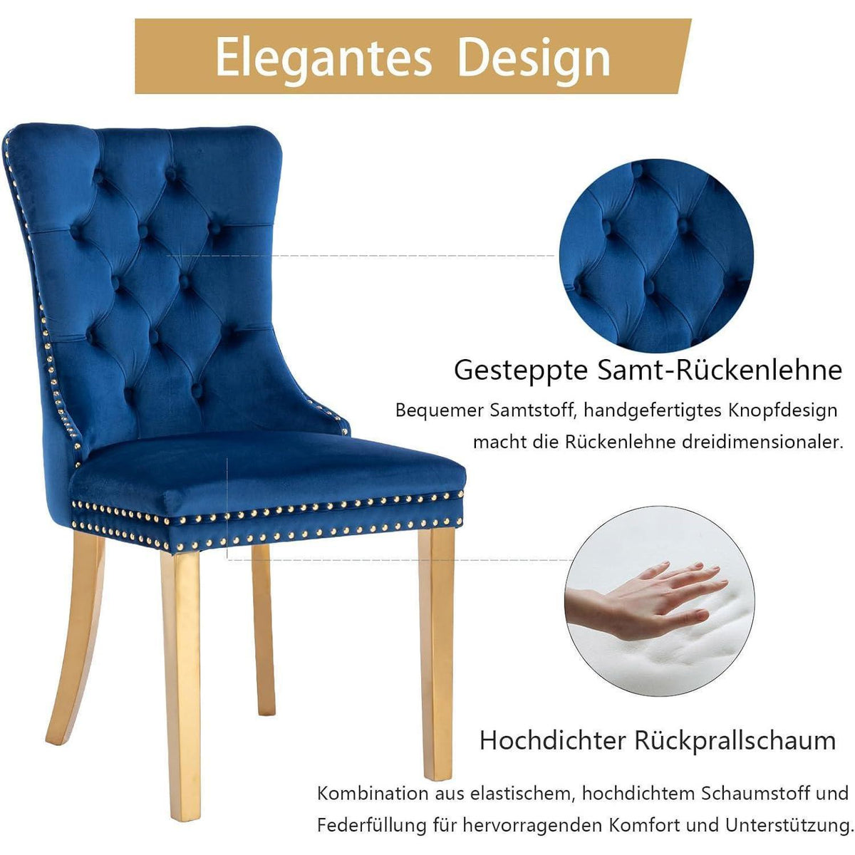 Samt Esszimmerstühle 2er Set mit goldenen Beinen (Blau)